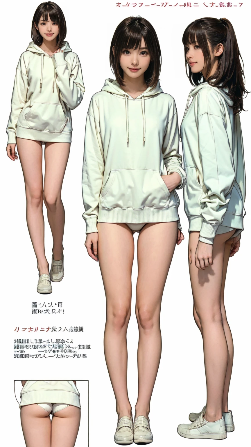 ((masterpiece)),(((Highest quality))),((Character design sheet)), Thin thighs,Long legs,18 year old Japanese girl, Cute type,The best smile:1.5、white long hoodie:1.5, Black panties peek:1.5，Short cut side wave , 