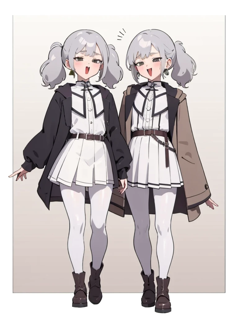 (masterpiece, Highest quality:1.3), whole body:1.5, Little, Fafree, Long Hair, Gray Hair, Twin tails, Pointed Ears, Earrings, Thick eyebrows, White capelet, Striped shirt, Long sleeve, belt, White Skirt, Smuggling in black pantyhose, Open your mouth, Grin,