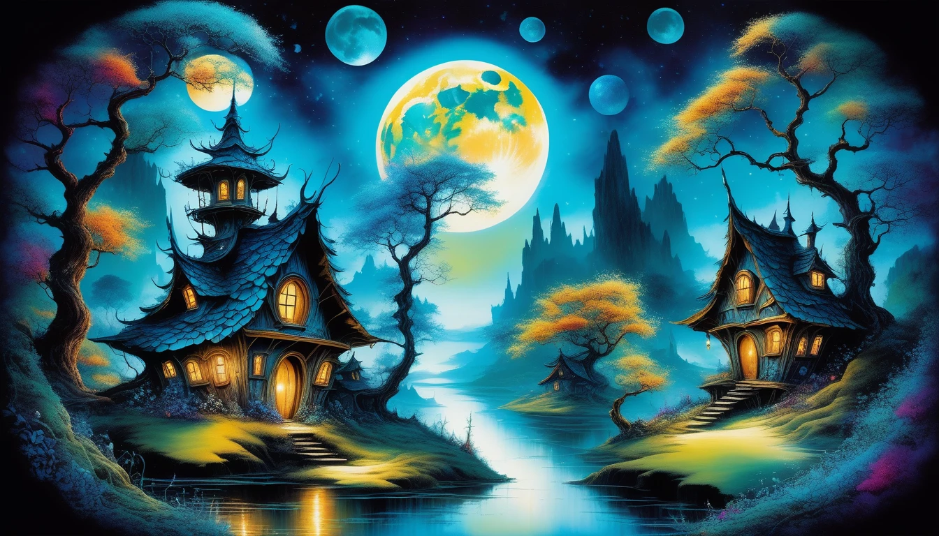 stunning composition featuring a Fairy Village woman, gracefully juxtaposed against the celestial backdrop of space, ethereal glow of the moon and the vibrant hues of Earth, images with multiple exposure effects drawn, mix media in paintings photographs illustration, stunning extremely exceptional sharpness and unparalleled clarity, mesmerize and breathtaking detail that seems almost unrealistic, extremely fascinating of breathtaking details, brush stroke technique with exquisite detail very unrealistic, stunning brush stroke technique with exquisite detail unrealistic, gel-ink-crafting dark cyan full-color, crazy beautiful glow, adds striking high contrast scene, overall stunning beautiful, astonishingly accurate and elaborate throughout, overall stunning beautiful visually feminine captivating represents watercolor masterpiece, crazy glow further enhances the otherworldly atmosphere,