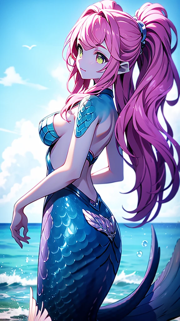 Mermaid,Mermaid,Mermaid女孩,Mermaid尾巴,Bodysuit style,Scale style,Ocean background,Sea background,Background in sea water,Pink and purple的鳞片,Pink hue,Purple hue,fin,身上长着fin,Girl with fish tail,Pink and purple
