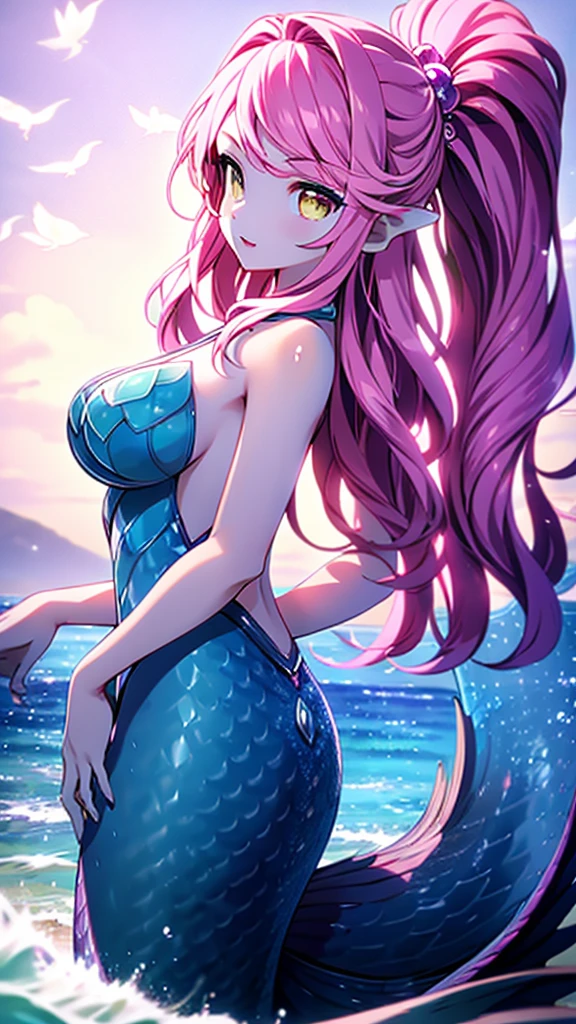 Mermaid,Mermaid,Mermaid女孩,Mermaid尾巴,Bodysuit style,Scale style,Ocean background,Sea background,Background in sea water,Pink and purple的鳞片,Pink hue,Purple hue,fin,身上长着fin,Girl with fish tail,Pink and purple