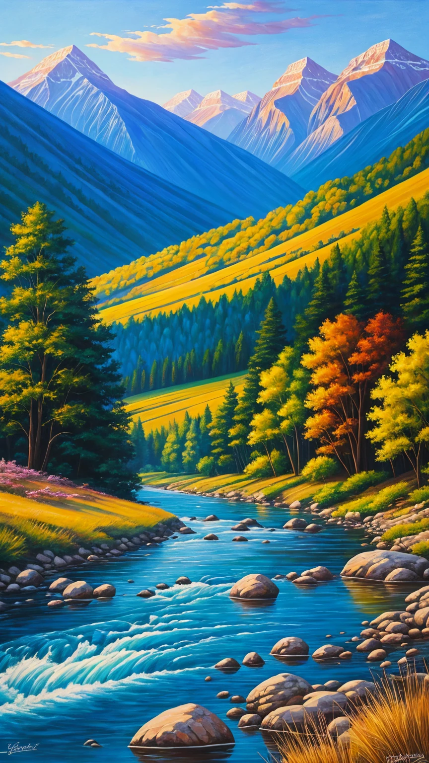 Painted a landscape with a river and mountains, Dreamscape painting, Jason Benjamin, dream scenery art, natural scenery,