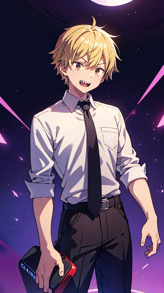 (masterpiece, Best Quality:1.2), Cowboy Shot, Solo, Male Focus, Look at viewers, 1boy, Denji, sharp teeth, Blonde hair, Evil smile, Open mouth, Looking at Viewer, Blonde hair, Brown eyes, sanpaku, White collared shirt, black necktie, sleeves rolled up, Black pants, (Top resolution, Distinct image), perfect hands
