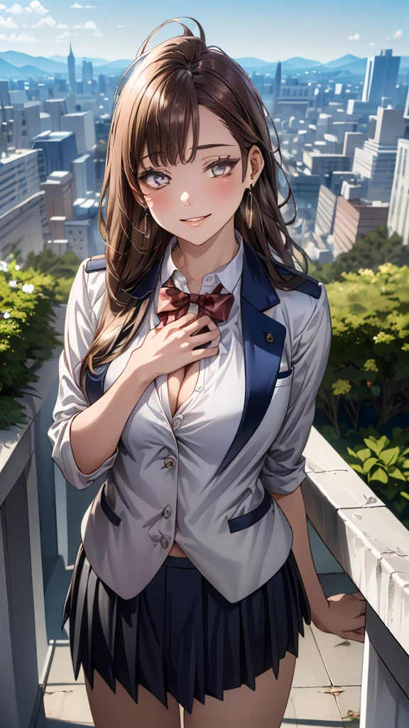 (masterpiece:1.3, Highest quality, Ultra-high resolution, Super detailed), (Realistic, photoRealistic:1.4), Beautiful illustrations, Perfect lighting, colorful, Depth of written boundary, 
Beautiful detailed hair, Beautifully detailed face, Beautiful attention to detail, Beautiful clavicle, Beautiful body, Beautiful breasts, Beautiful thighs, Beautiful feet, Beautiful fingers, 
View your viewers, Front view:0.6, 1 Girl, Japanese, high school girl, Perfect Face, (Perfect Anatomy, Anatomically correct), Cute and symmetrical face, Baby Face, , Shiny skin, 
(Long Hair:1.5, Straight hair:1.6, Rosy brown hair), Asymmetrical bangs, Grey Eyes, Long eyelashes, (Medium chest), thin, 
((Navy Blazer, White collared shirt, nabuto pleated skirt)), Dark red bow tie, Earrings, 
(Beautiful views), evening, (garden, distant cityscape), Are standing, (Place your hand on your chest), (Smile, Part your lips), 