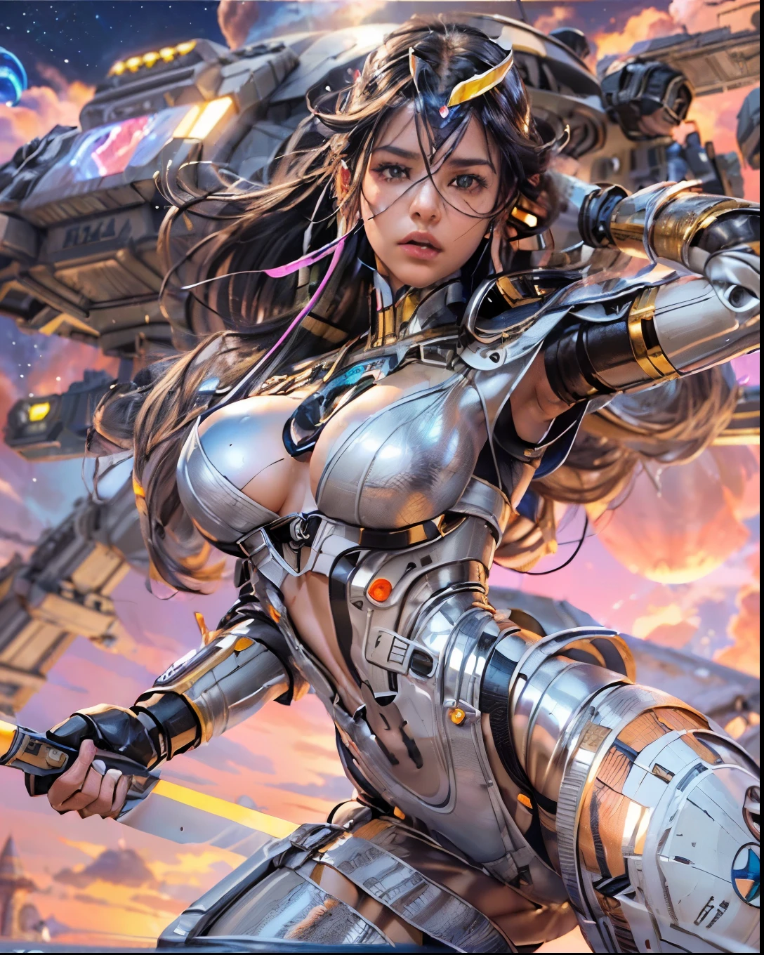 (((low angle shot))), ((women fighting in war wearing ultra thin translucent bikini with gorgeous muscular long legs)), ((pink silver black)), prismatic, reflective, ((ultra perfect flowing hairstyle)), (((huge natural breasts, tan lines))), ((perfect radiant skin color)), ((super colourful)), (((cinematic sunset gorgeous skies))), (((detailed spaceship background and incredibly sci-fi retro art masterpiece))), (((1:1 scale proportions))), ((science fiction)), ((chrome spaceships)), (((ultra photorealistic realism))), ((Smooth curves, clean lines, streamlined, functional aesthetics, reflective surfaces, integrated lighting, giant floating spaceships, engraved Egyptian and spiritual motifs)), ((acrylic plastic robot))