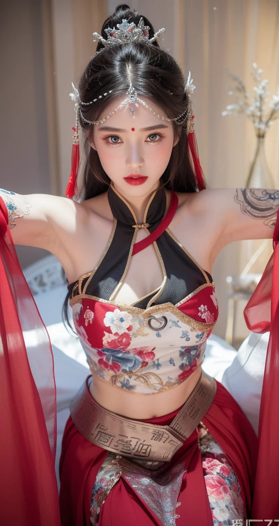 Realistic style,8k quality,Very detailed, Delicate face, Realistic style的照片, Stock Photography , Colorful, Surreal, Realistic textures, Dramatic Lighting, Distiller 800 (8K, original photo, Better quality, masterpiece: 1.2), Very detailed, (Extremely delicate skin: 1.2), 8K Ultra HD, SLR camera, Soft Light, high quality, Frozen queen, Queen, Snow Castle,Blue pupils,Wear red lipstick,Dressed in gorgeous Chinese Hanfu,