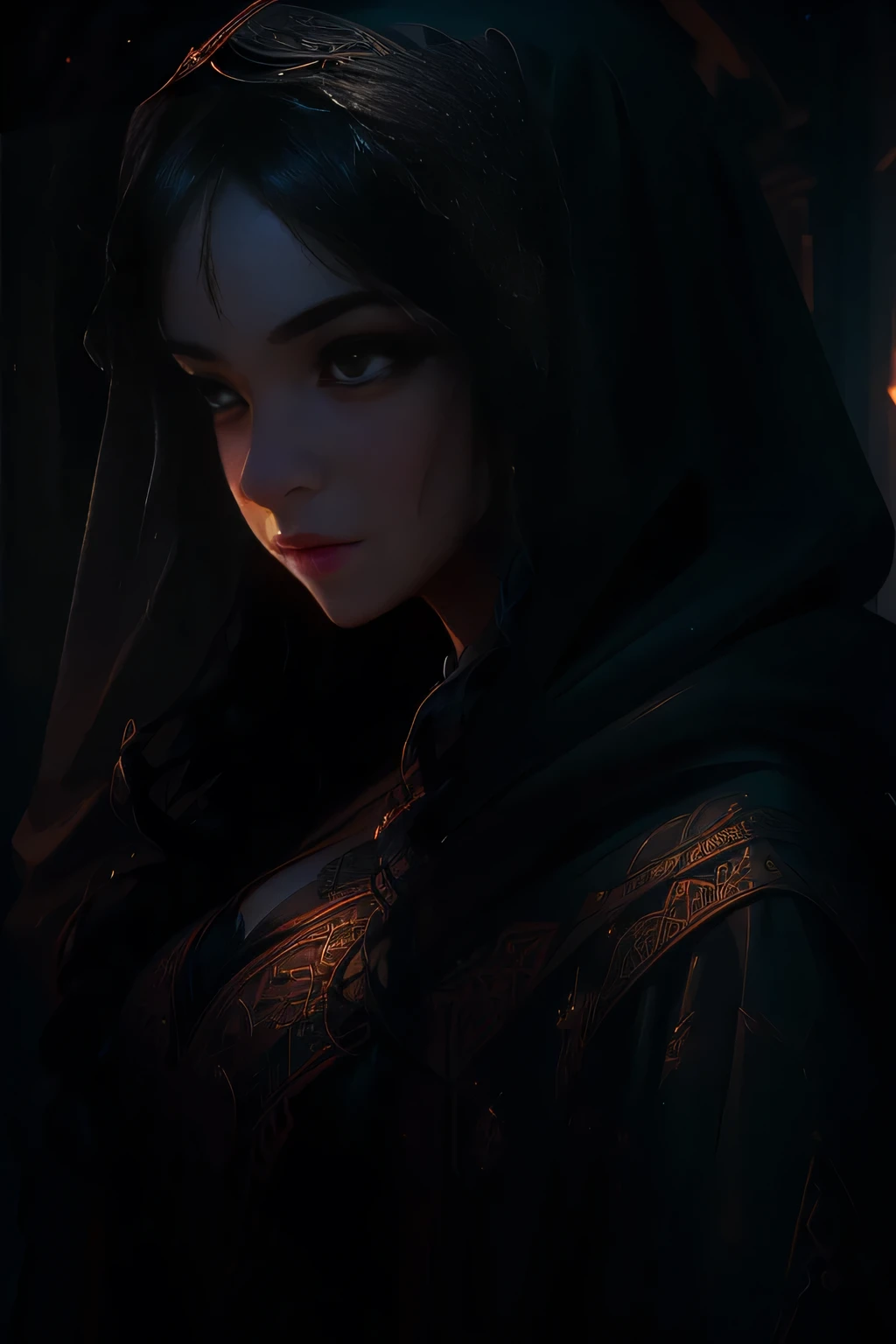 In an exquisite 8K, 16:9 digital painting, the image unfolds a captivating story of a solitary, beautiful woman cloaked in the shadows. The woman, adorned with long, dark tresses that cascade down her back, wears a rogue's cloak with an intricate, mysterious pattern, its edges subtly blending with the dim surroundings.
Her face, a canvas of unparalleled beauty, is an intricate blend of exquisite features - deep, mysterious eyes that seem to hold secrets within their depths, full, luscious lips that speak of hidden stories, and long, thick eyelashes that cast dramatic