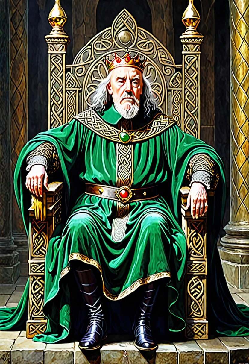 An old king sitting on his throne in agony、Celtic legends、Shakespeare&#39;s storybook world、