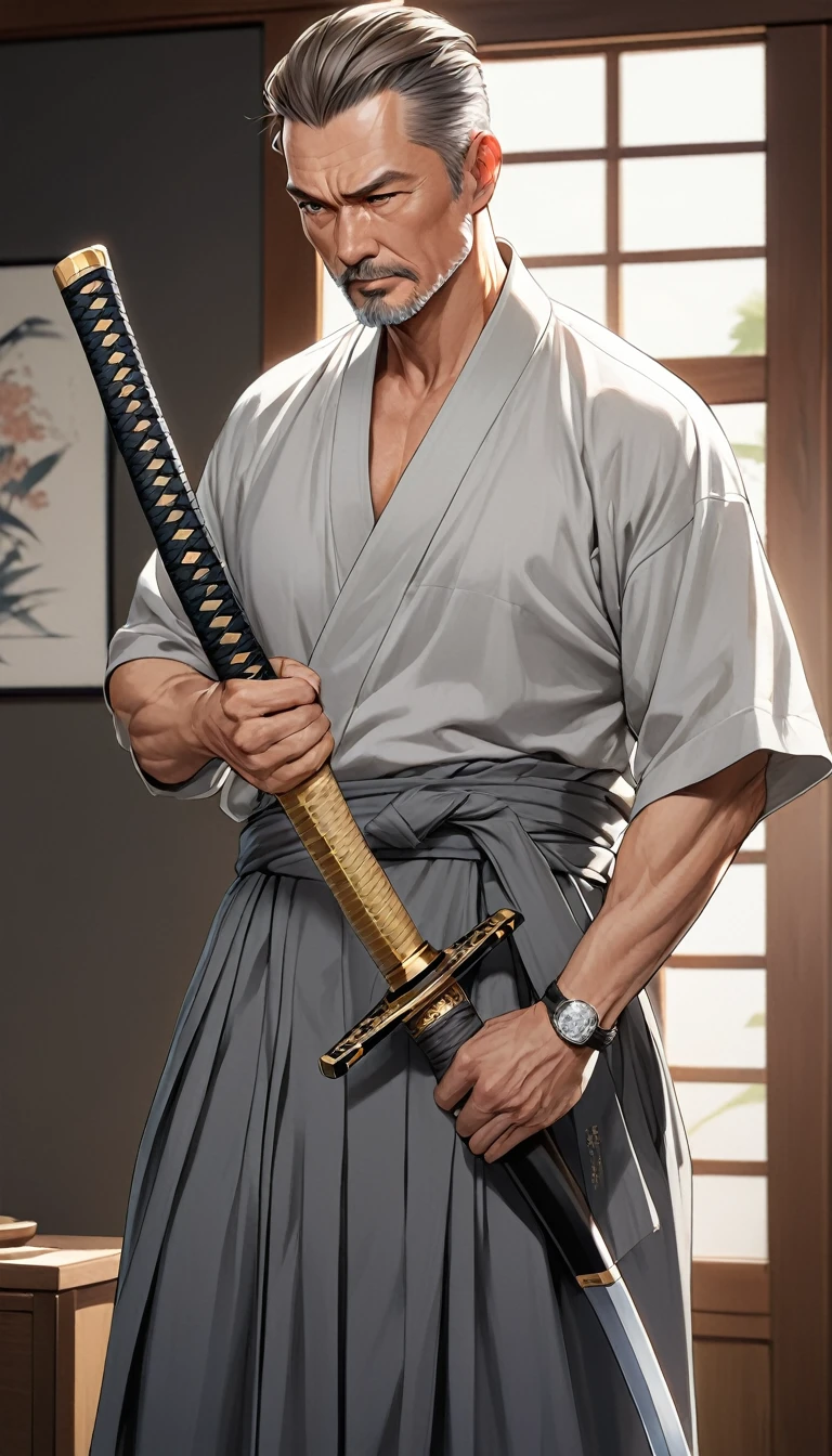 1man standing, (draws Japanese sword from sheath at waist), (light gray kimono) (dark gray hakama), mature man, /(brown hair/) bangs, cool expression, (slight smile:0.5) , dignified, (best masterpiece quality:1.2) delicate illustrations