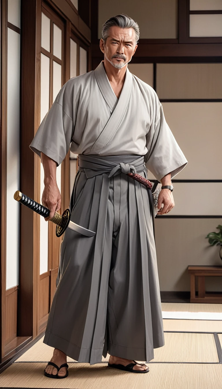 1man standing, (draws Japanese sword from sheath at waist), (light gray kimono) (dark gray hakama), mature man, /(brown hair/) bangs, cool expression, (slight smile:0.5) , dignified, (best masterpiece quality:1.2) delicate illustrations