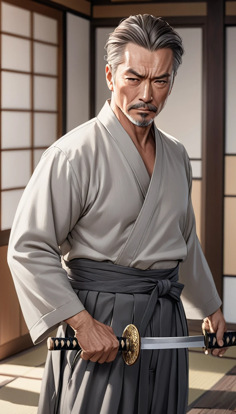 1man standing, (draws Japanese sword from sheath at waist), (light gray kimono) (dark gray hakama), mature man, /(brown hair/) bangs, cool expression, (slight smile:0.5) , dignified, (best masterpiece quality:1.2) delicate illustrations