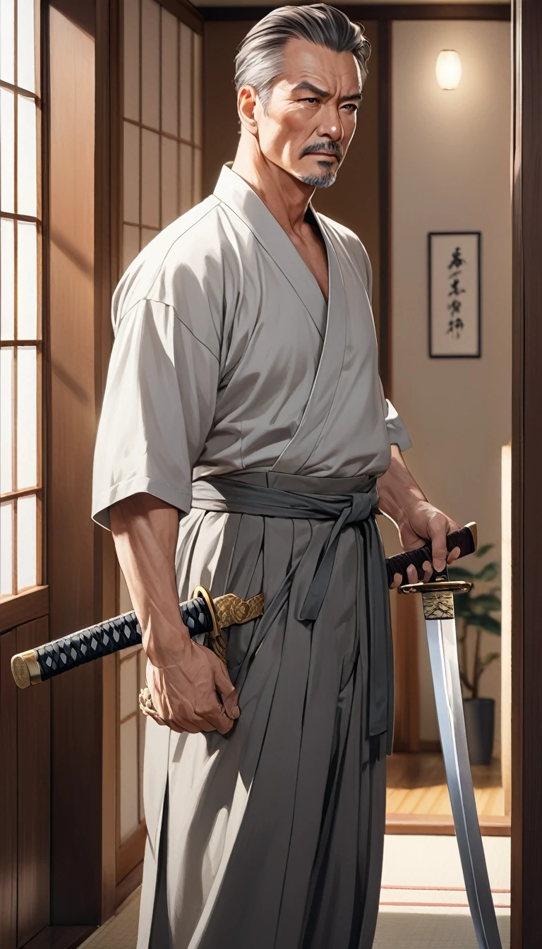 1man standing, (draws Japanese sword from sheath at waist), (light gray kimono) (dark gray hakama), mature man, /(brown hair/) bangs, cool expression, (slight smile:0.5) , dignified, (best masterpiece quality:1.2) delicate illustrations