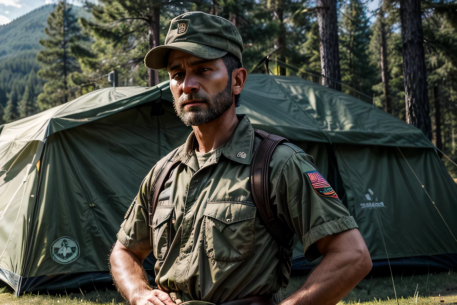a grizzled scout camp adult leader with detailed facial scars, military haircut, wearing campaign hat, scout uniform shirt and short scout uniform shorts, standing in front of a green canvas tent, photo-realistic, masterpiece, highly detailed, hyperrealistic, intricate details, 8k, dynamic symmetry, natural lighting, earthy tones, rugged outdoors