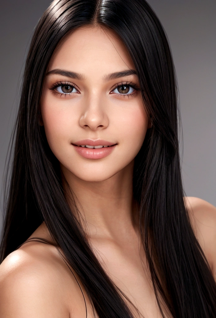 Young beautiful woman in closeup, with a tender smile,  extremely straight hair, black hair, long hair, (Close up) wide jaw, realistic photography, ultra realistic image, very sharp image, high quality, The best quality. extremely straight hair, extremely straight hair.