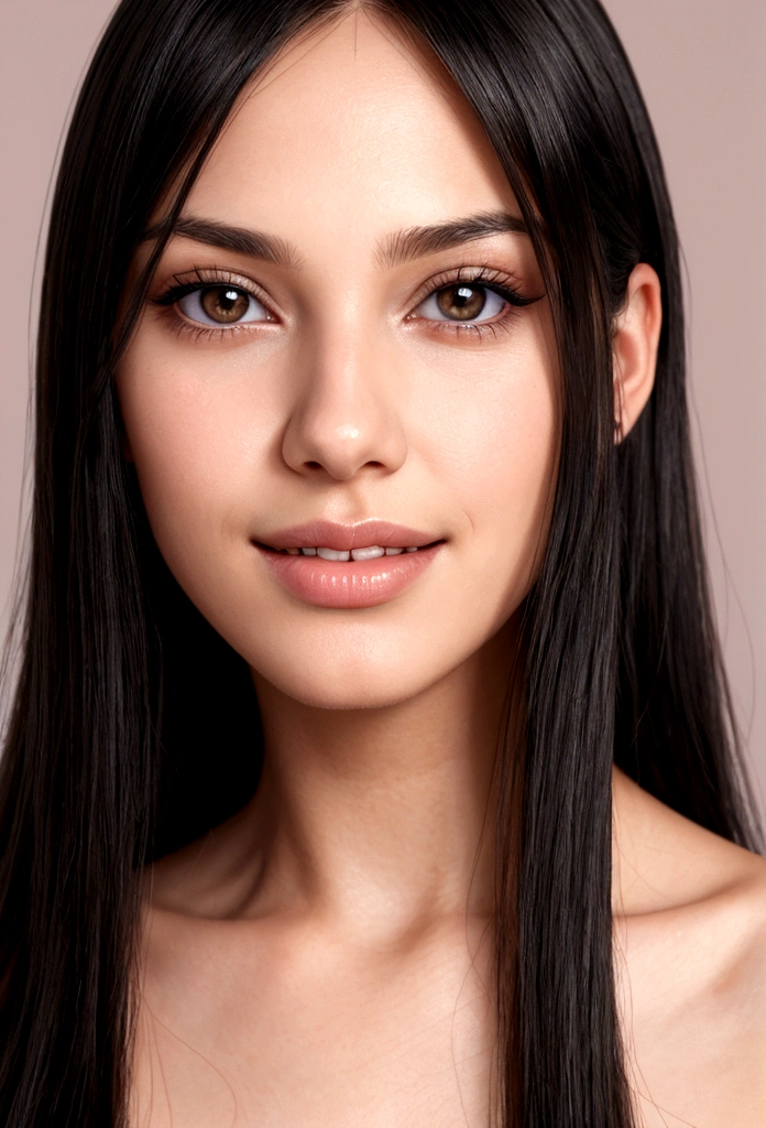 Young beautiful woman in closeup, with a tender smile,  extremely straight hair, black hair, long hair, (Close up) wide jaw, realistic photography, ultra realistic image, very sharp image, high quality, The best quality. extremely straight hair, extremely straight hair.