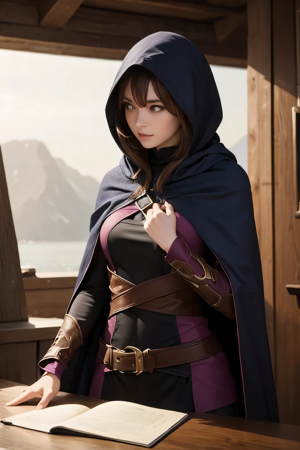 woman in a rogue's cloak, highly mysterious, perfect eyes 