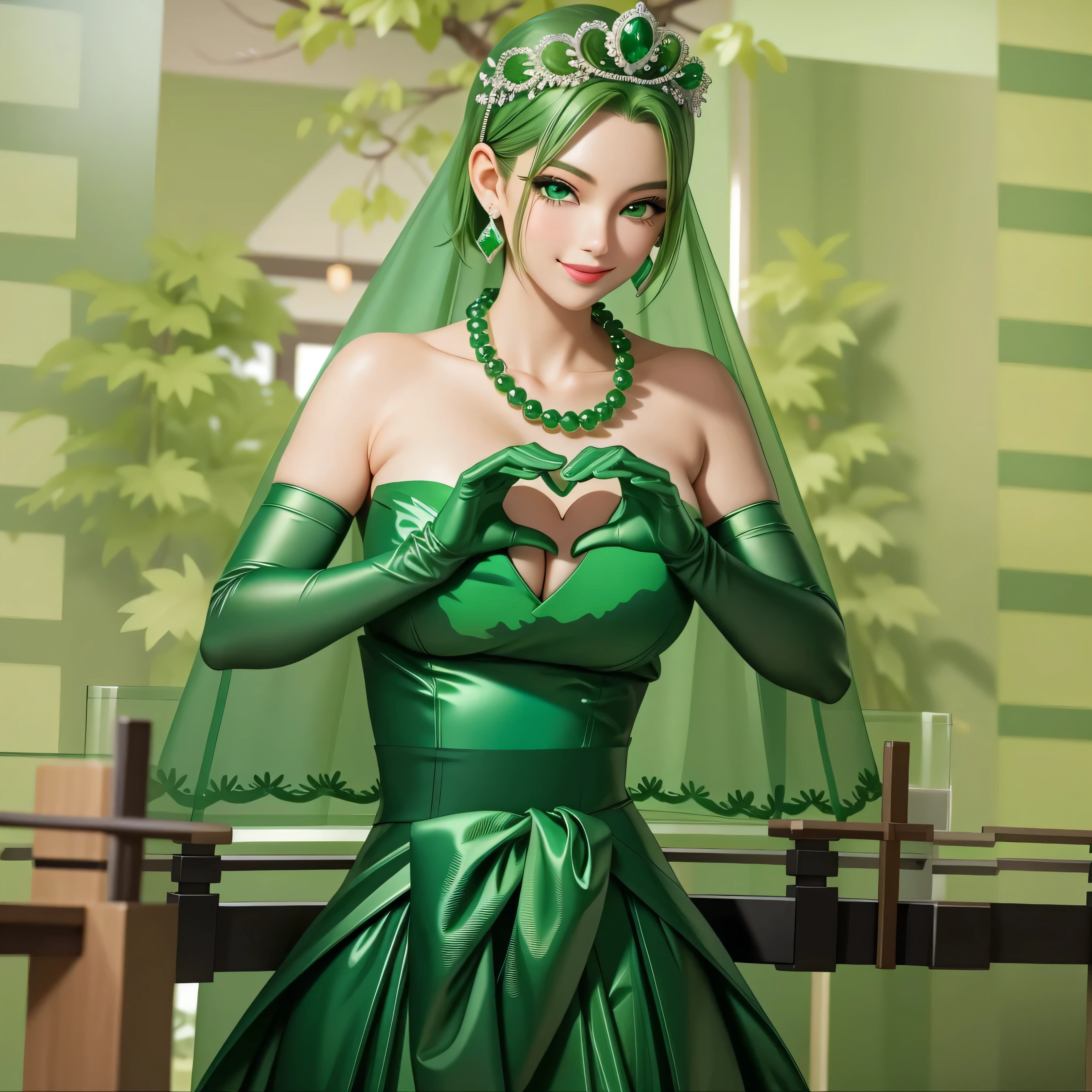 emerald tiara, Green Pearl Necklace, Boyish very short green hair, Green Lips, Smiling Japanese woman, Very short hair, Busty beautiful lady, Green Eyes, Green satin long gloves, Green Eyes, Emerald Earrings, Green veil, Heart with both hands, Heart shaped hands, Green Hair, Beautiful Japanese Woman, green lip gloss