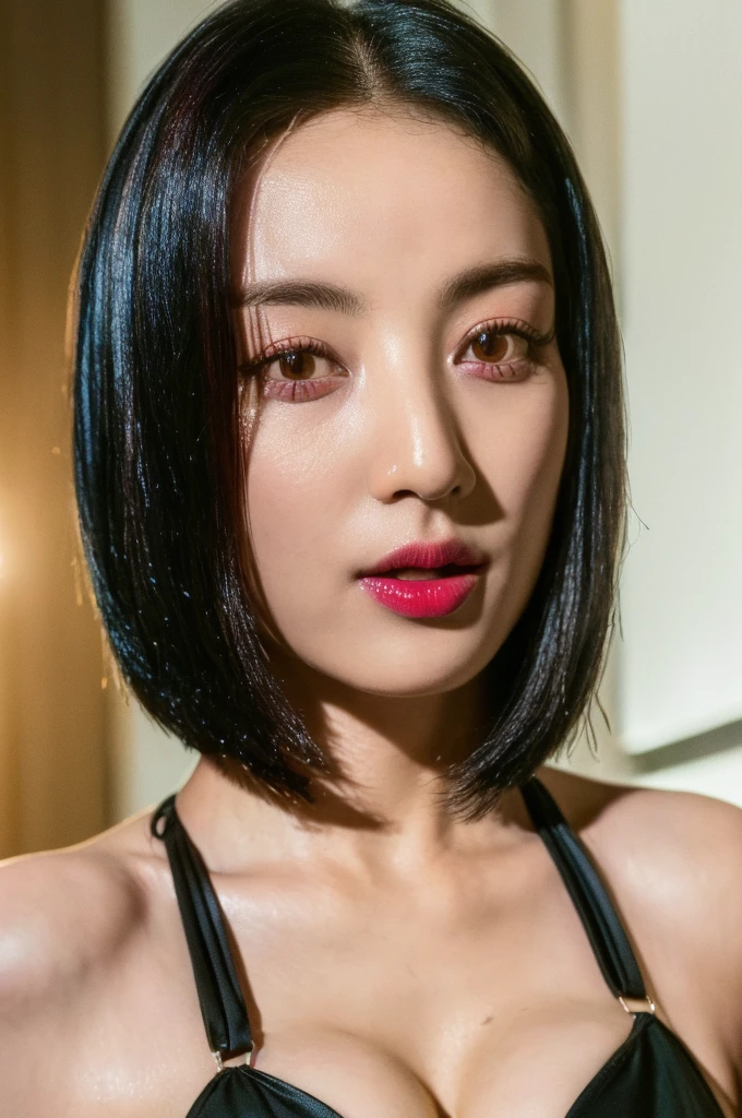 (masterpiece, best quality, beautiful quality, photorealistic, detailed lighting, extremely detailed skin, extremely detailed hair, shadows, 8k, a picture of a woman, forehead, very black hair, bob_cut, upper body, 1girl, fcPortrait:1.2), jihyotwicelora, bikini, busty, wide hips