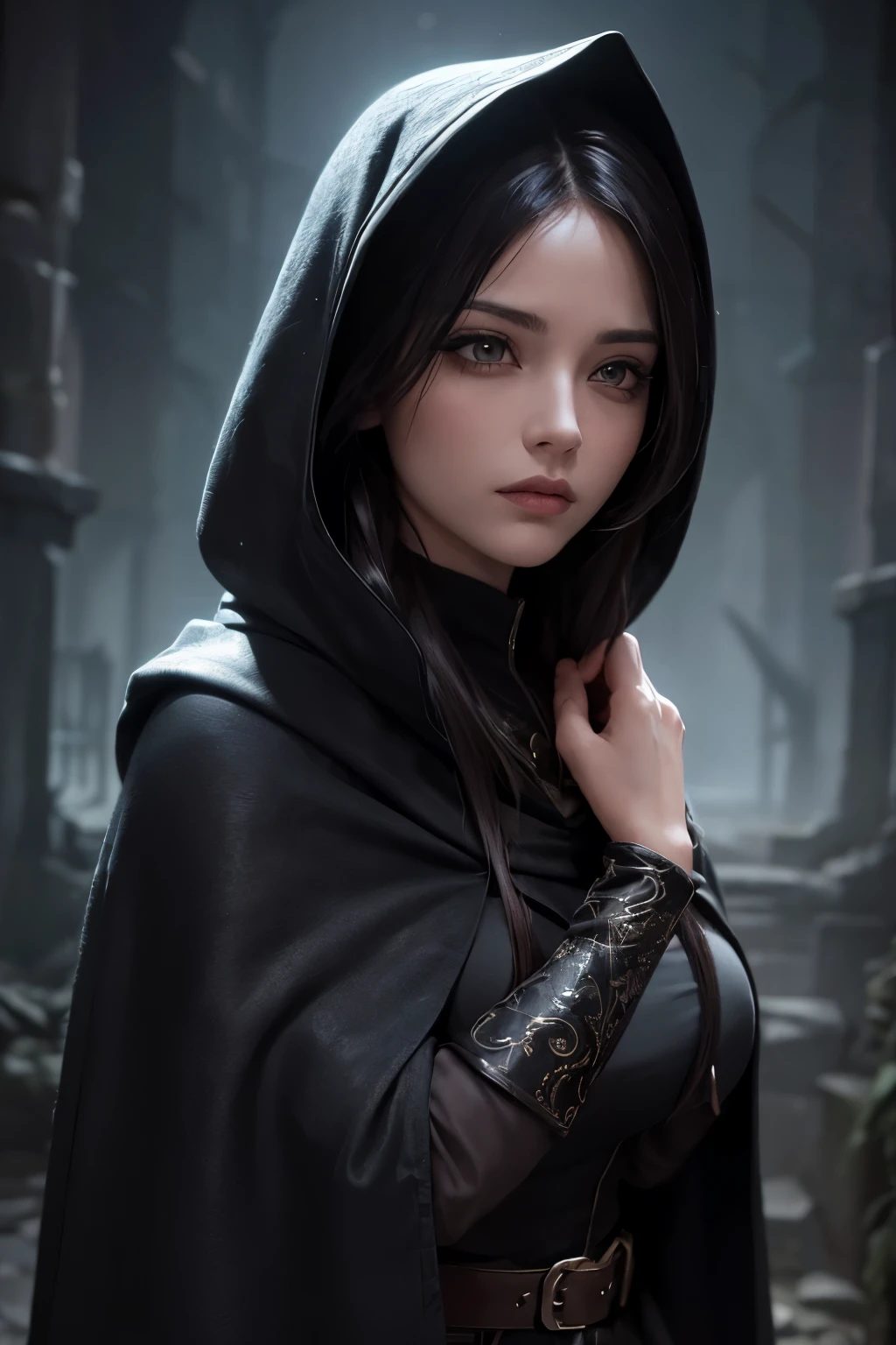 woman in a rogue's cloak, highly mysterious, 1girl, beautiful detailed eyes, beautiful detailed lips, extremely detailed face, long eyelashes, long dark hair, hooded cloak, mysterious expression, dramatic lighting, dark and moody atmosphere, cinematic composition, digital painting, highly detailed, photorealistic, masterpiece, 8k, HDR, chiaroscuro lighting