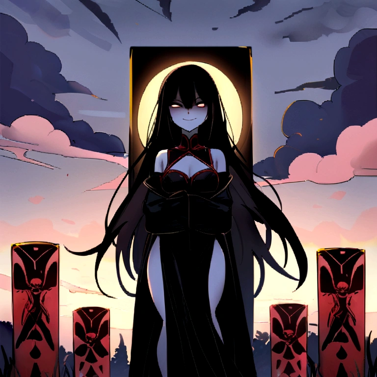 work of art, best qualityer, detailded, 1 girl, standing alone, natta sky, plein-air, fullmoon, stele, clouds, natta,,  dark sakura, (black gown), long hair, evil smile, Red loop, striped, thicc thighs