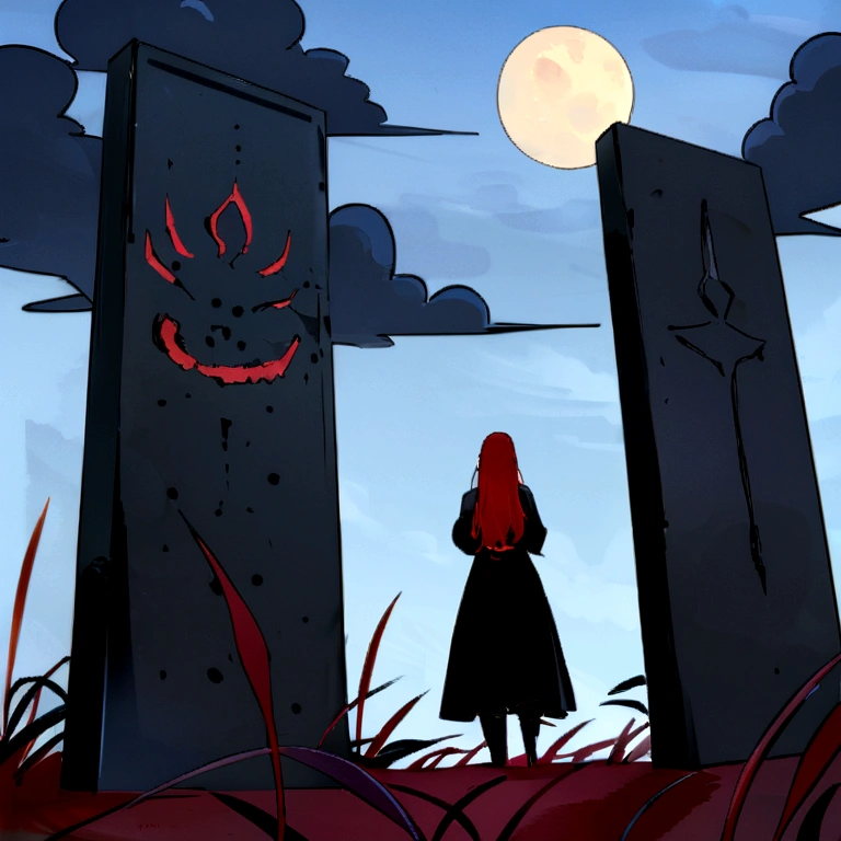 work of art, best qualityer, detailded, 1 girl, standing alone, natta sky, plein-air, fullmoon, stele, clouds, natta,, dark sakura, (black gown), long hair, evil smile, Red loop, striped, thicc thighs