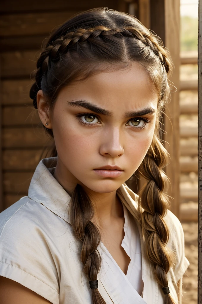 create the image of the character: A girl of average height, eyes the color of honey, long light brown hair, small and somewhat flattened nose, cheeks a little plump, full lips, bushy black eyebrows, serious expression, with a white toga, hair braided on the sides, the angry expression, and a little dirty with dust