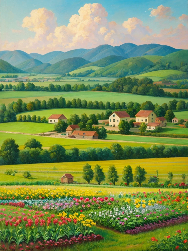 Painting with a brush,vegetable garden,Rural landscape