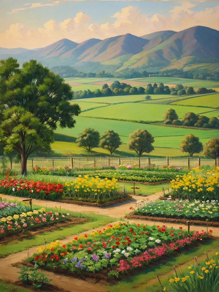 Painting with a brush,vegetable garden,Rural landscape