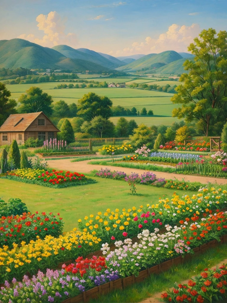 Painting with a brush,vegetable garden,Rural landscape