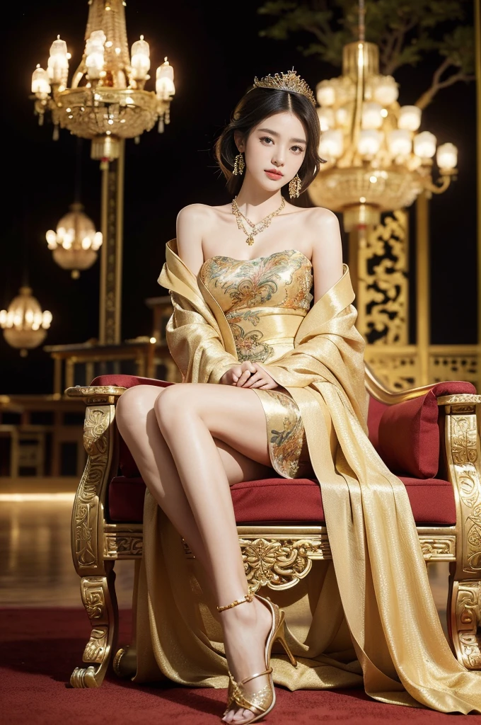 (((best quality))),(((ultra detailed))),(((masterpiece))),illustration,1 girl,solo,slim,thin,shoulder length straight bob hair,earrings,necklace,small breasts,flat chest,slender legs,high heels,Asian appearance,princess,royal,Chinese palace,night scene,magnificent dragon gown,golden crown,intricate embroidery,luxurious fabric,precious stones,sitting on the metallic throne,decorative patterns,rich decorations,luxurious furnishings,regal charm,beautiful face,gentle smile,bright eyes,historical,traditional,city lights,modernity,frozen moment,beauty of the past,evolution of time,from front,full body,