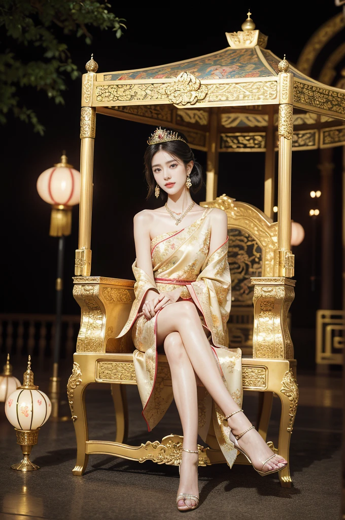 (((best quality))),(((ultra detailed))),(((masterpiece))),illustration,1 girl,solo,slim,thin,shoulder length straight bob hair,earrings,necklace,small breasts,flat chest,slender legs,high heels,Asian appearance,princess,royal,Chinese palace,night scene,magnificent dragon gown,golden crown,intricate embroidery,luxurious fabric,precious stones,sitting on the metallic throne,decorative patterns,rich decorations,luxurious furnishings,regal charm,beautiful face,gentle smile,bright eyes,historical,traditional,city lights,modernity,frozen moment,beauty of the past,evolution of time,from front,full body,
