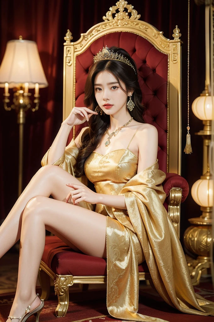 (((best quality))),(((ultra detailed))),(((masterpiece))),illustration,1 girl,solo,slim,thin,shoulder length straight bob hair,earrings,necklace,small breasts,flat chest,slender legs,high heels,Asian appearance,princess,royal,Chinese palace,night scene,magnificent dragon gown,golden crown,intricate embroidery,luxurious fabric,precious stones,sitting on the metallic throne,decorative patterns,rich decorations,luxurious furnishings,regal charm,beautiful face,gentle smile,bright eyes,historical,traditional,city lights,modernity,frozen moment,beauty of the past,evolution of time,from front,full body,