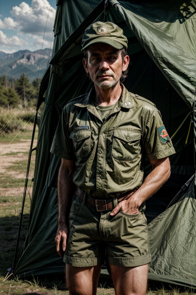 a grizzled scout camp adult leader with detailed facial scars, military haircut, wearing campaign hat, scout uniform shirt and short scout uniform shorts, standing in front of a green canvas tent, photo-realistic, masterpiece, highly detailed, hyperrealistic, intricate details, 8k, dynamic symmetry, natural lighting, earthy tones, rugged outdoors