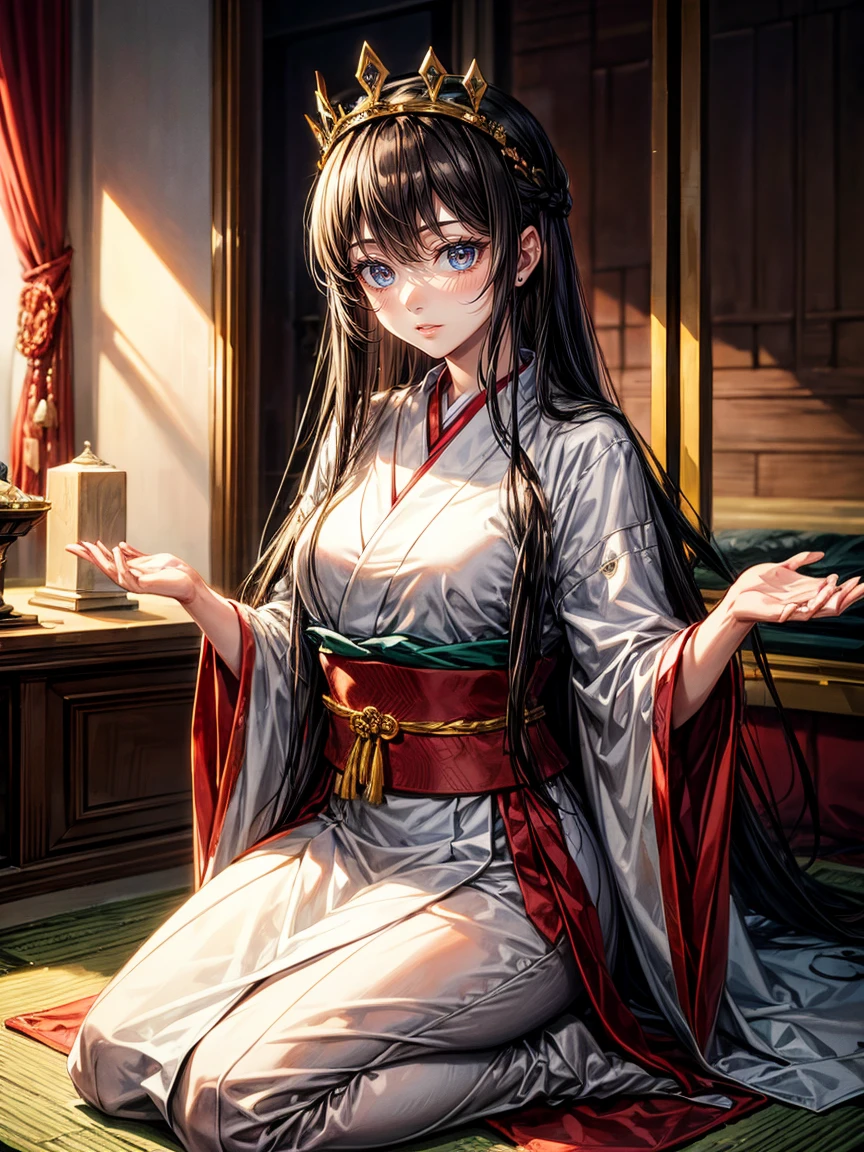 Himiko, ancient Japan, queen, shaman, long black hair, deep brown eyes, sumptuous attire, crown, sacred altar, ritualistic situation, regal expression

