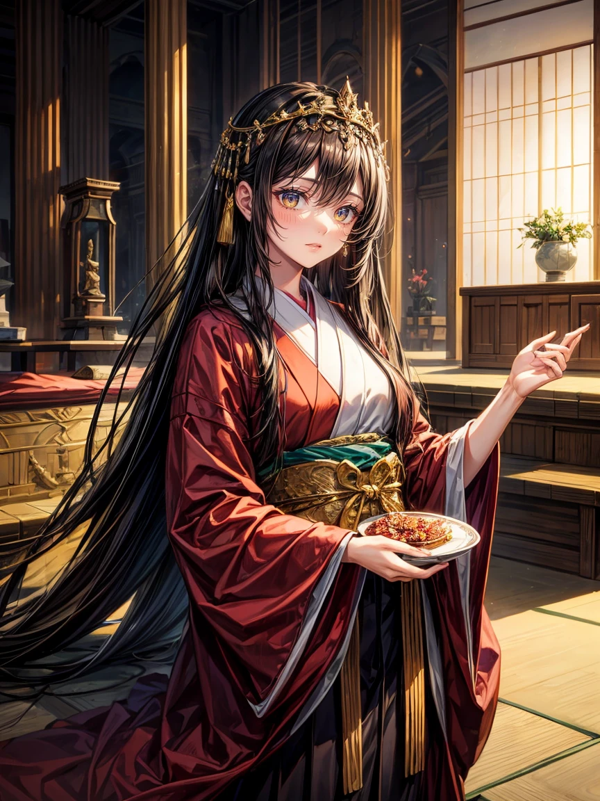 Himiko, ancient Japan, queen, shaman, long black hair, deep brown eyes, sumptuous attire, crown, sacred altar, ritualistic situation, regal expression