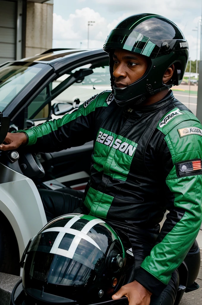 A 40 year-old black male veteran racing driver named Jason wearing a green racing suit without wearing a helmet
