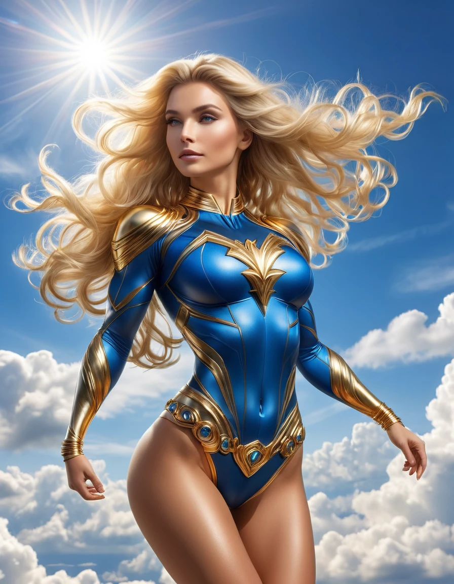 Svetlana Lindowskaya, blonde blombshell hovering in the sky, 29 anos, bodysuit tomara que caia dourado, coxas expostas, Armadura de Ouro, Superhero Woman , gold armbands, Manoplas Lgold, colar gargantilha de douro, tiara dourada, brincos grandes de argola, faixa dourada, pose majestosa, cabelos loiros, Plaits Hair, cabelos longos, Curvilinear athletic body, Muscles, shoulders, wide shoulders, coxas, seios, Exposed glutes, Vista lateral do corpo, olhos azuis, look-at-camera, facial expression of tenderness, Romantismo, clouds, blue sky, sun, raios de luz