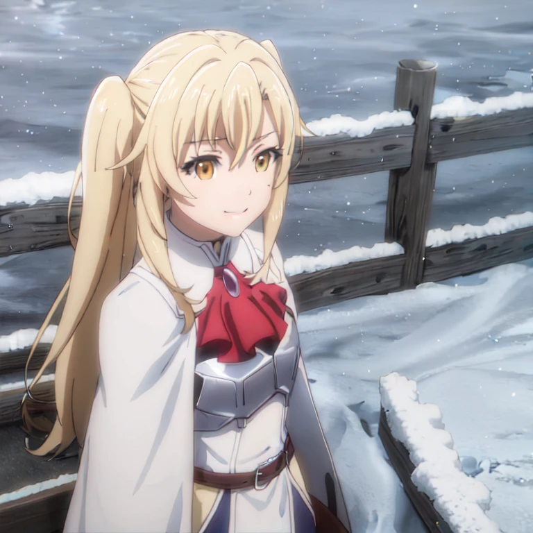 GoblinSlayer, NobleFencer, solo, girl1, looking at viewer, smile, brown eyes, cape, armor, shoulder armor, portrait, red ascot, snow, outdoor