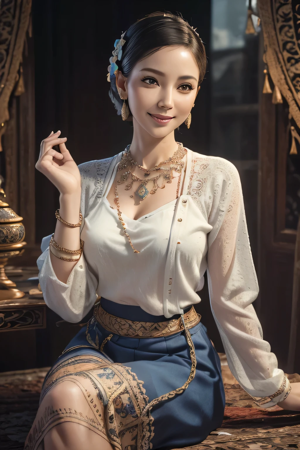 (realistic:1.3), insane detailed, quality, (masterpiece:1.2), (photorealistic:1.2), (best quality), (detailed skin:1.3), (intricate details), ray tracing, ((half body)), ((1woman)), (((1 person))), 40 years old, short hair, smile, blue dress, skirt with pattern, color contrast between the dress and the skirt, skirt pattern, earrings, necklace, Javanese ornament, (blurred background)