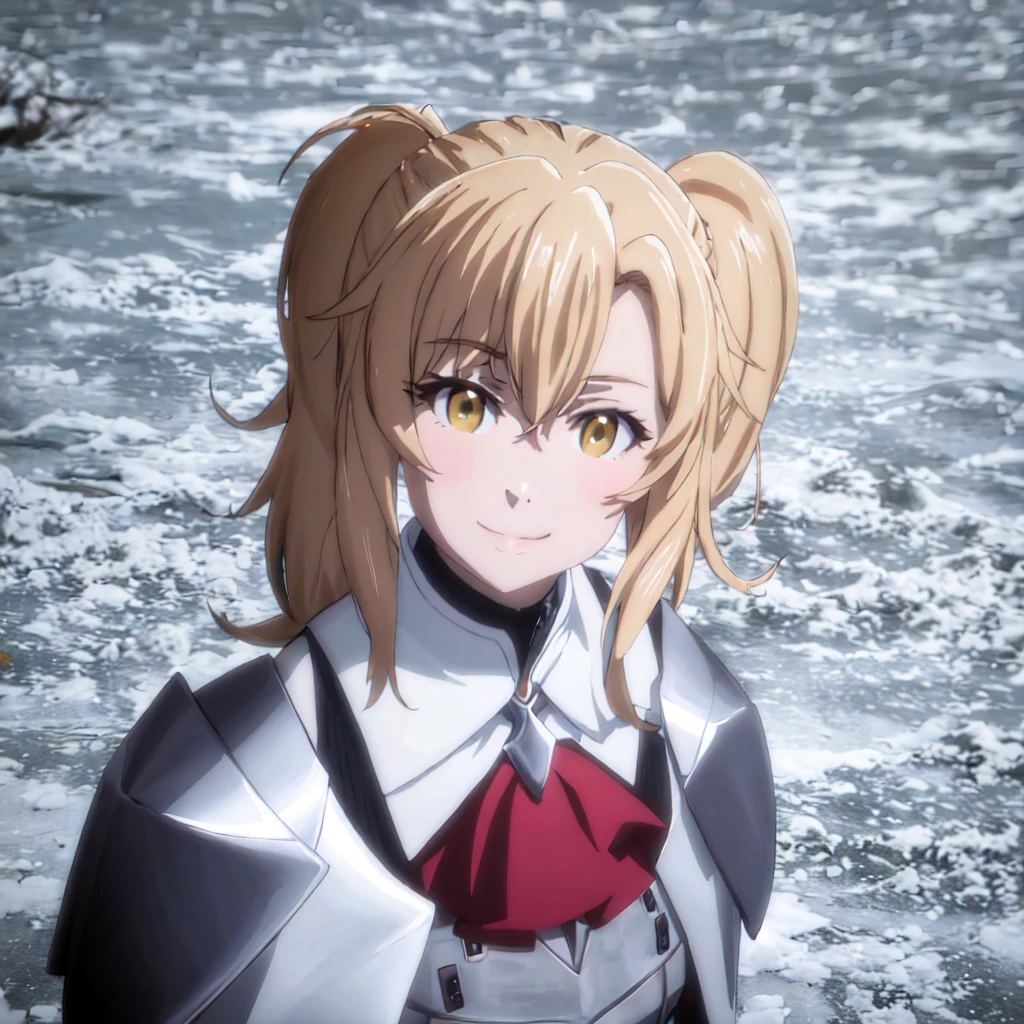 GoblinSlayer, NobleFencer, solo, girl1, looking at viewer, smile, brown eyes, cape, armor, shoulder armor, portrait, red ascot, snow, outdoor
