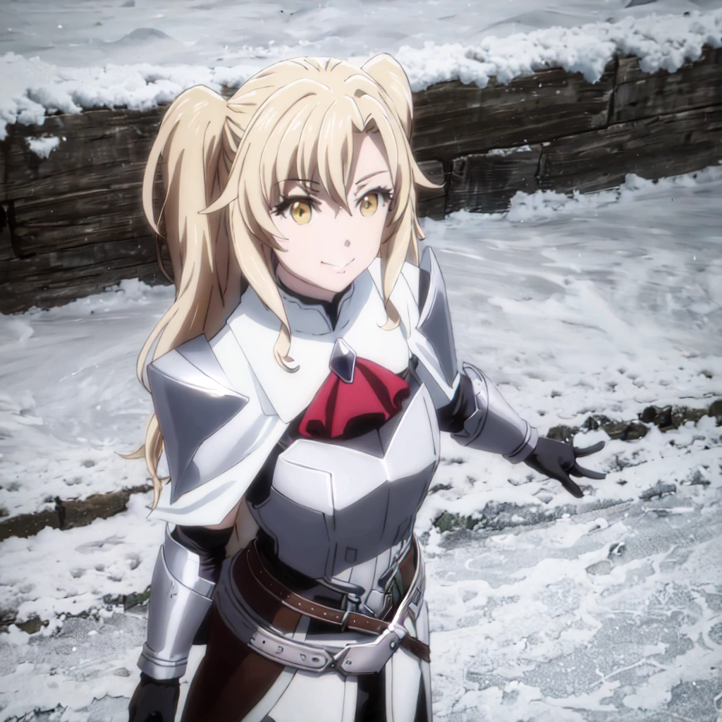 GoblinSlayer, NobleFencer, solo, girl1, looking at viewer, smile, brown eyes, cape, armor, shoulder armor, portrait, red ascot, snow, outdoor