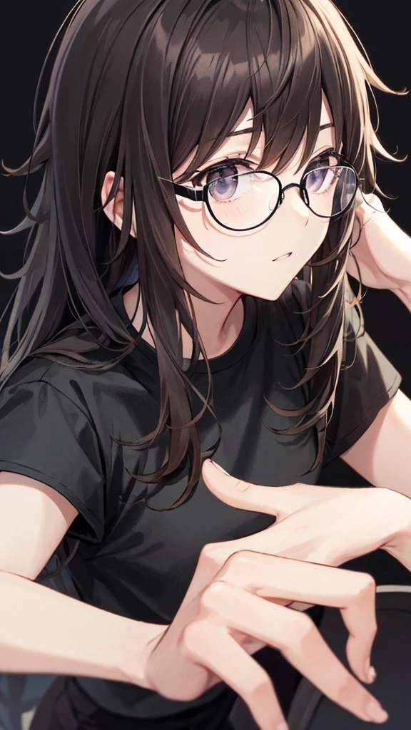 dark brown hair and face with glasses man black shirt and black pants and a black background 