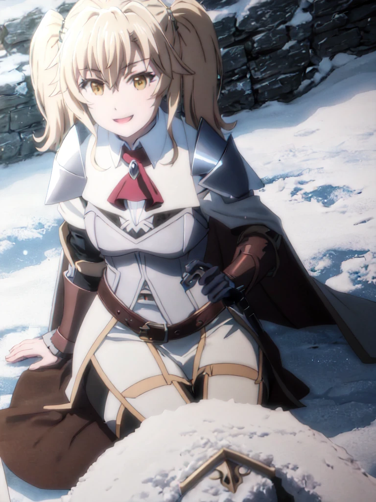 GoblinSlayer, NobleFencer, solo, girl1, looking at viewer, smile, brown eyes, cape, armor, shoulder armor, portrait, red ascot, snow, outdoor