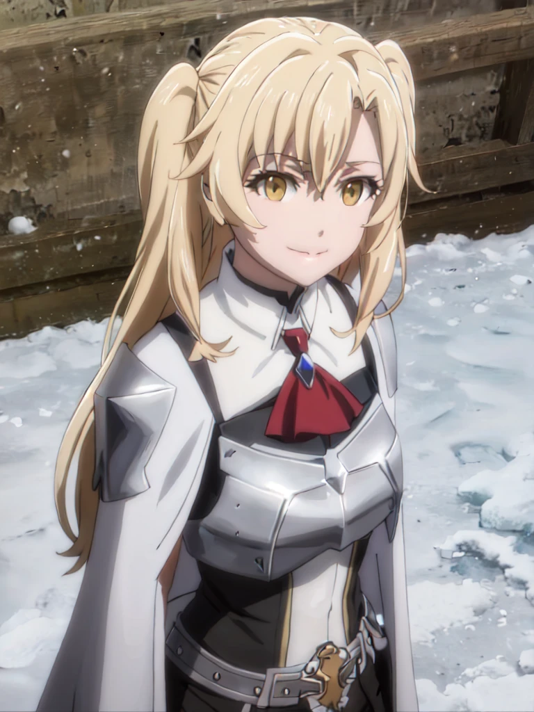 GoblinSlayer, NobleFencer, solo, girl1, looking at viewer, smile, brown eyes, cape, armor, shoulder armor, portrait, red ascot, snow, outdoor