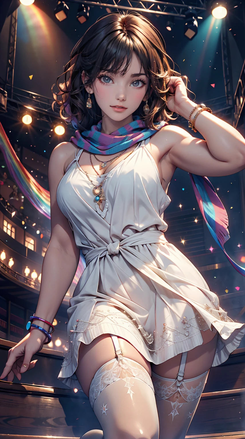 24-year-old woman、Sexy proportions、Sexy、Narrow waist、Attach a necklace、Wear accessories on your wrist、Natural curls((wavy hair))、Shortcuts((short hair))、hair scarf((hair scarf))、Rainbow Hair((rainbow hair))、Mini Charleston Dress((Charleston dress))wear、Wearing stockings、Wear stiletto heels、Concert Stage、In the spotlight、The halo of the rainbow shines、Nip slip