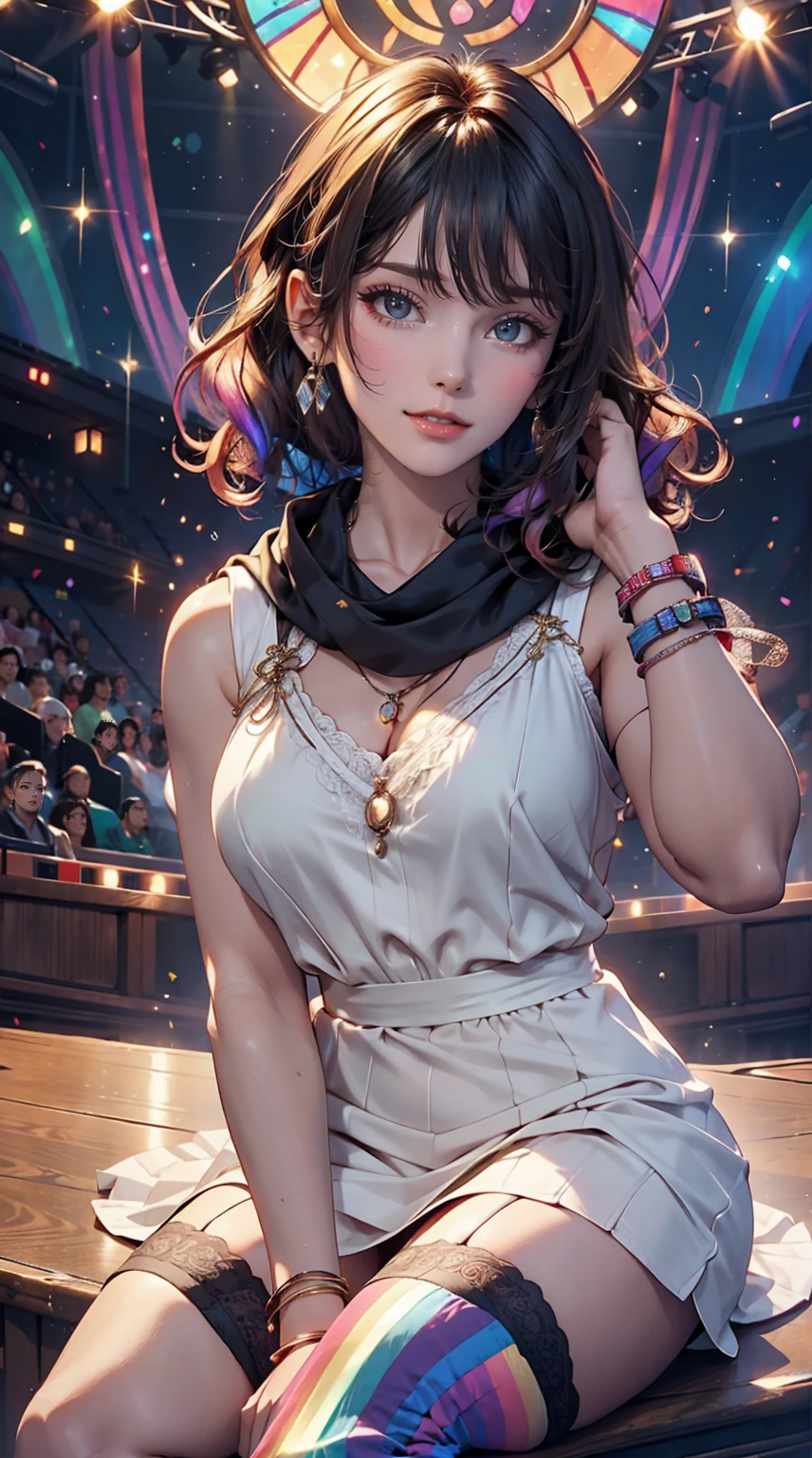 24-year-old woman、Sexy proportions、Sexy、Narrow waist、Attach a necklace、Wear accessories on your wrist、Natural curls((wavy hair))、Shortcuts((short hair))、hair scarf((hair scarf))、Rainbow Hair((rainbow hair))、Mini Charleston Dress((Charleston dress))wear、Wearing stockings、Wear stiletto heels、Concert Stage、In the spotlight、The halo of the rainbow shines、Nip slip