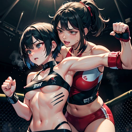 dynamic action. two women are facing each other in the octagon ring. A woman is punching into the other woman's body. A female fighter is crying。Her spots bra is ripped。Covered in bruises。Bloody。shortness of breath。Drooling。Frightened expression。Running out of energy。Sweaty。Short black hair。Open Finger Gloves。Erect nipples。One eye closed。Leaning back。