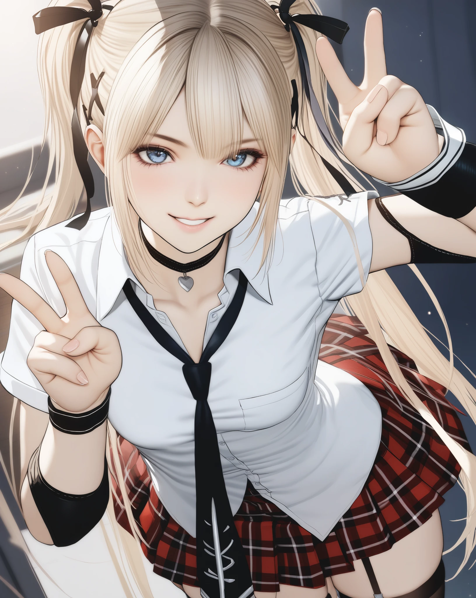 marie rose, 1girl, small breasts,
black choker, white shirt, necktie, plaid skirt, wristband, detached sleeves, black thighhighs, garter straps,
smile, v, hand up,upper body,, masterpiece,best quality,