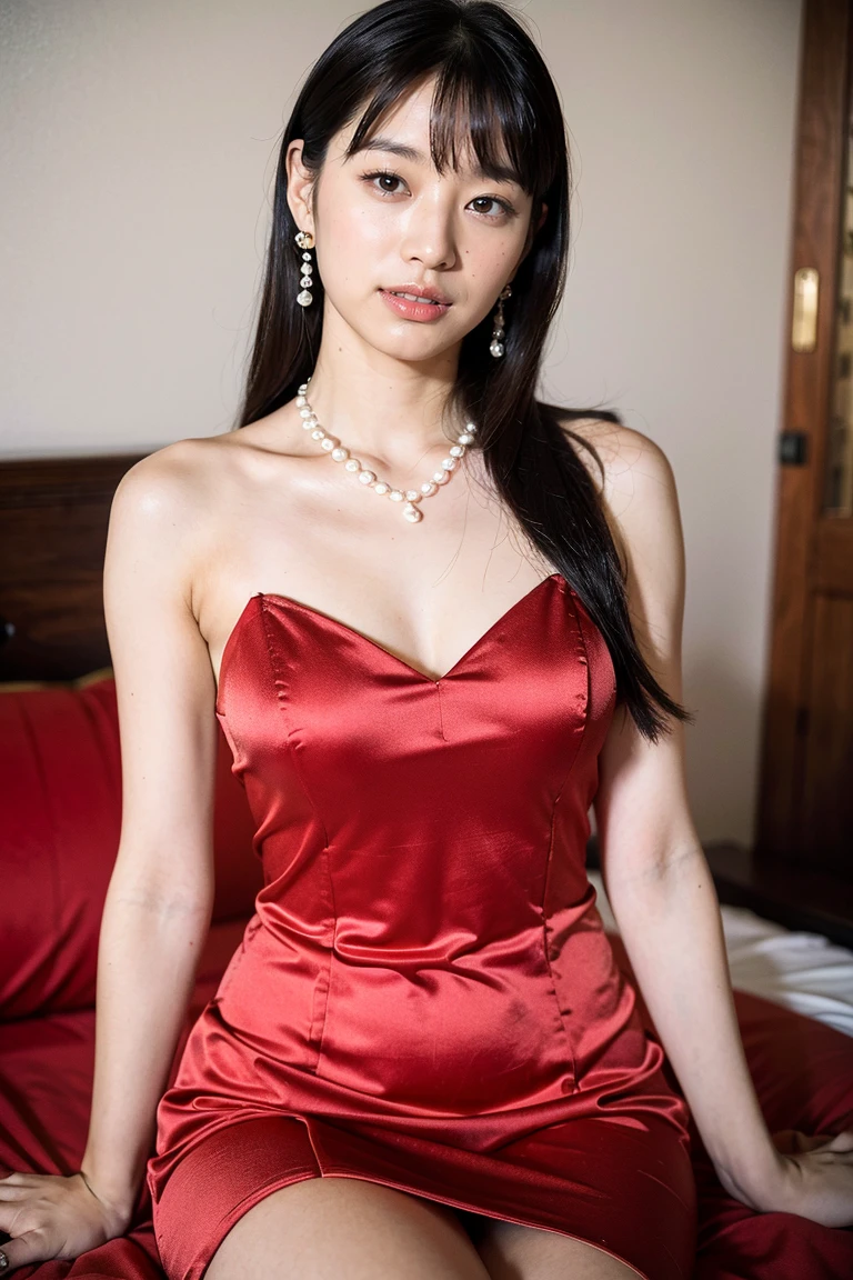 ((8K、High resolution、Highest quality、High resolution)))、alone、Natural body shape、White skin、Natural Makeup、((Black Hair、Straight Long Hair))、((Crimson mermaid dress))、(Pearl Necklace、Pearl Earrings)、Looking into the camera、bangs、Head to shin portrait、(Thighs)、Bedroom、smile