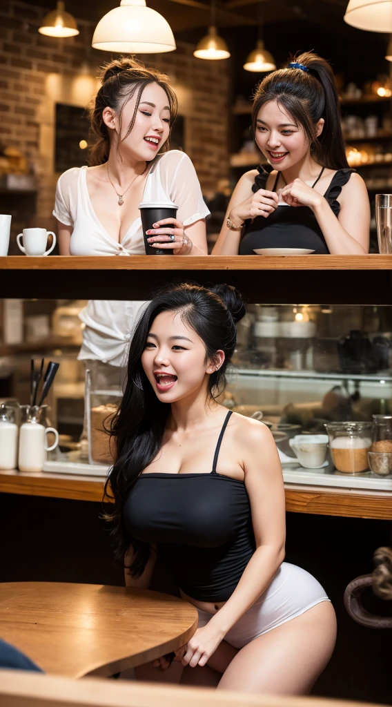 girl, Black Hair, elder sister, Pull up your ponytail,Laugh at someone who is talking, High-quality images, masterpiece, 美丽的girl, Coffee Shop,